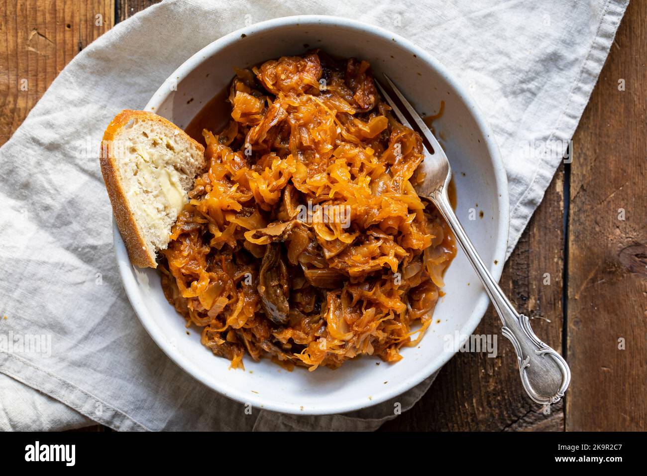 Traditionelles polnisches Gericht aus Bigos, Kohl mit Fleisch, Pilzen und Pflaumen Stockfoto