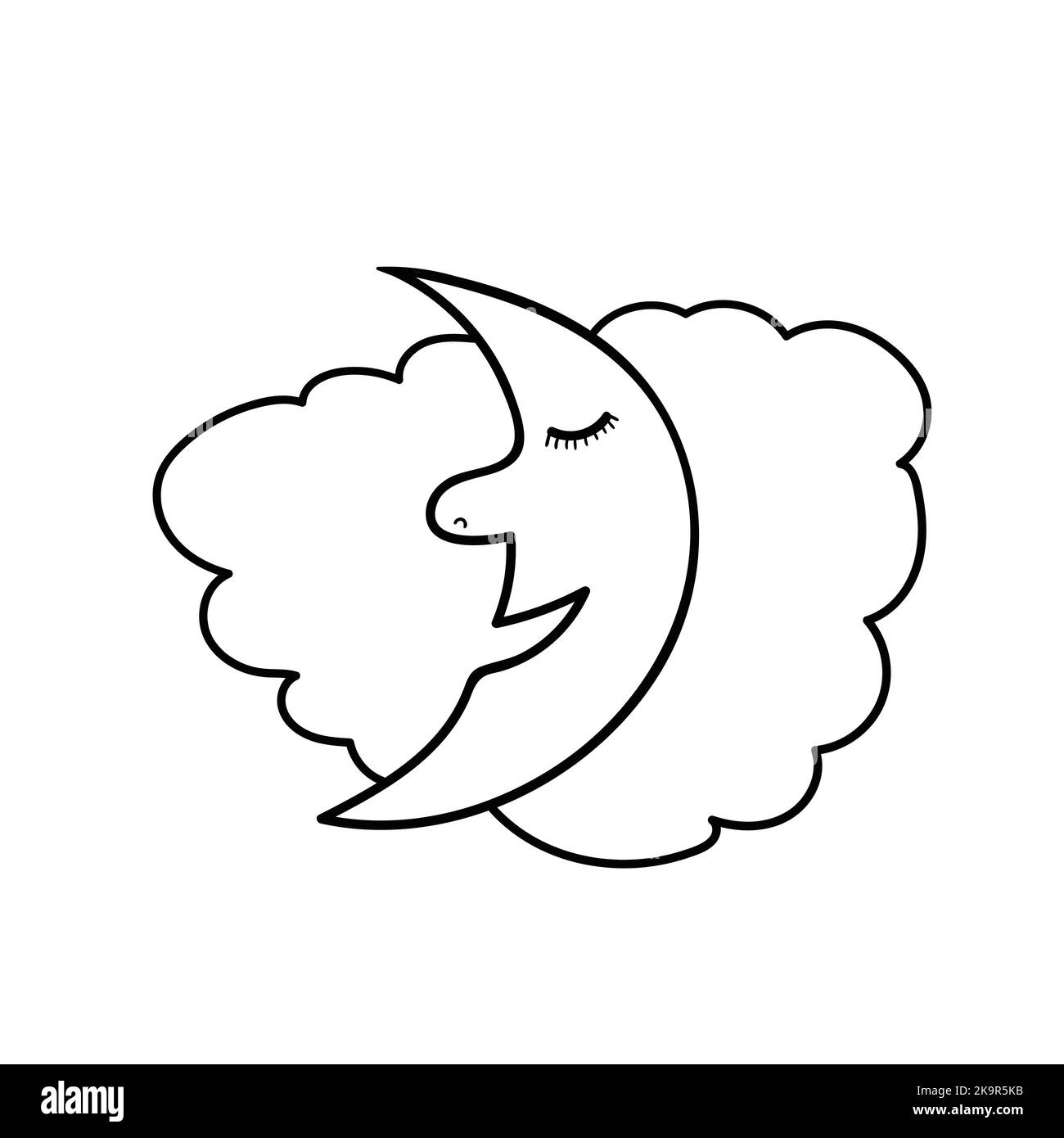 Kontur iillustration von Mond und Wolken Sterne in Doodle-Stil. Malbuch-Seitenelement Stock Vektor