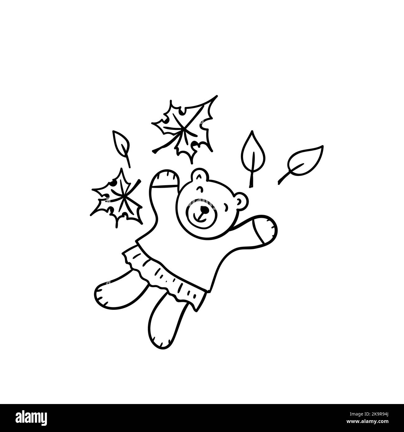 Handgezeichnet skizzierte Illustration des Zeichentrickbären, der in Herbstblättern liegt. Lustiges Tier. Stock Vektor