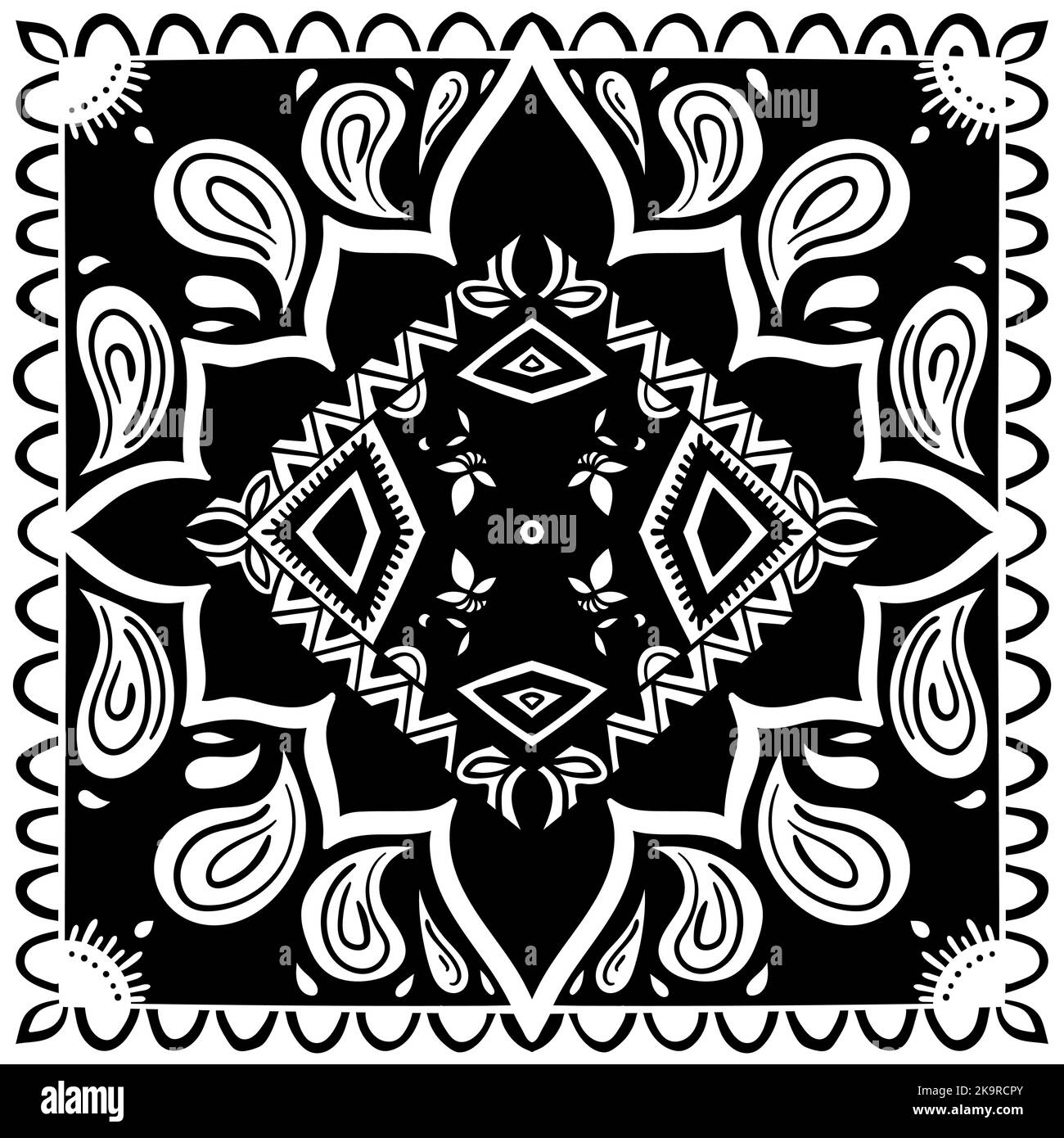 Schwarz-weißer Teppich ornamentaler Hintergrund mit traditionellem Muster. Ethnisches Ornament. Design für Teppich, Yogamatte, Textil, Grußkarte, Banner. Stock Vektor