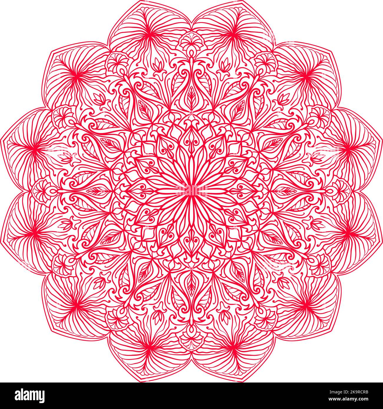 Handgezeichnetes Doodle Mandala. Ethnische runde Spitzen-Muster mit farbenfrohem Ornament. Isolierte Illustration in rosa Farbe. Stock Vektor