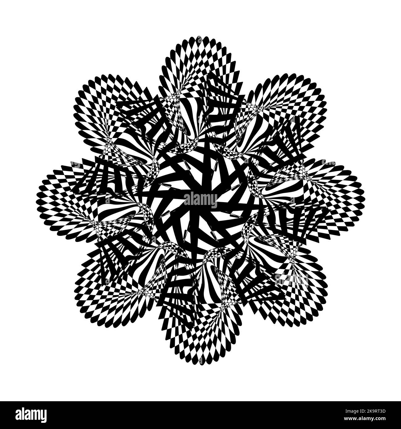 Abstrakt verdrehte schwarz-weiße Blumenfigur. Optische Täuschung der verzerrten Oberfläche. Verdrehte Streifen. Stilisierte figur aus dem jahr 3D. Vektorgrafik. Toll Stock Vektor