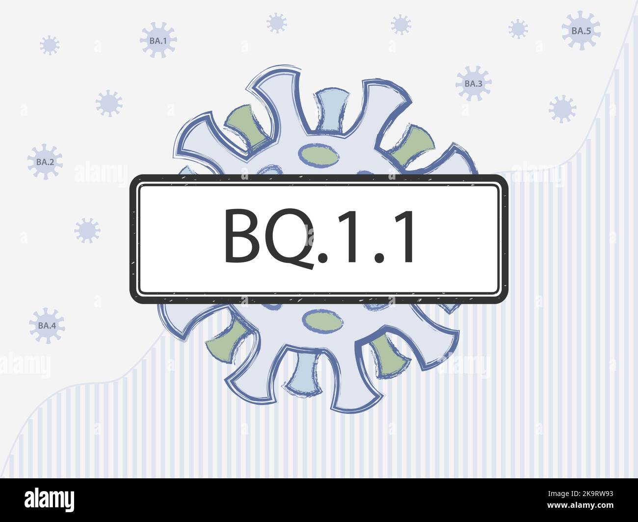 BQ.1,1 Variante im Zeichen. Coronovirus mit Stachelproteinen einer anderen Farbe, die Mutationen symbolisieren. Neue Omicron-Untervariante Cerberus. Stock Vektor