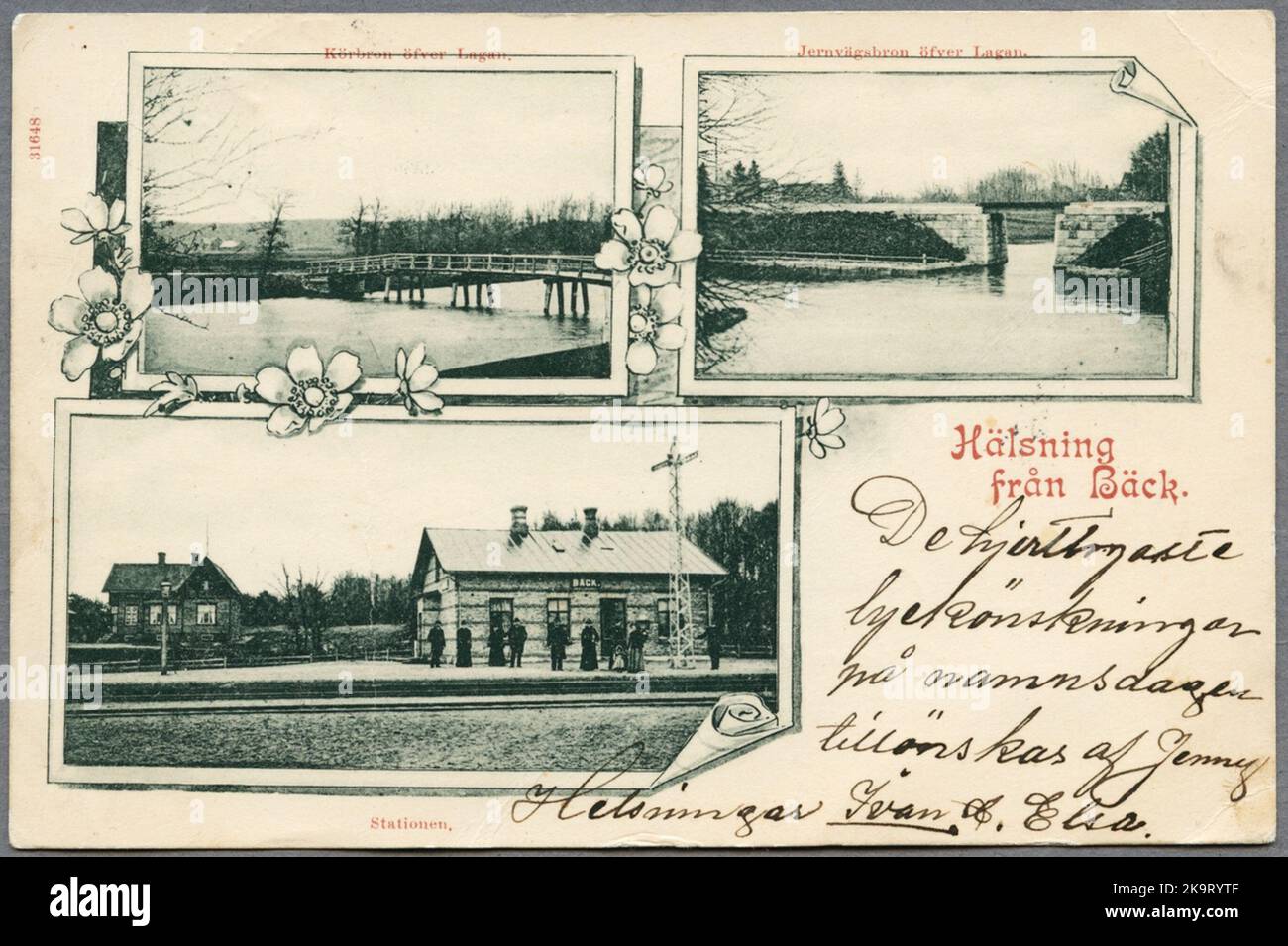 Der Bahnhof in Bäck und die Auto- und Eisenbahnbrücke über Lagan. Stockfoto