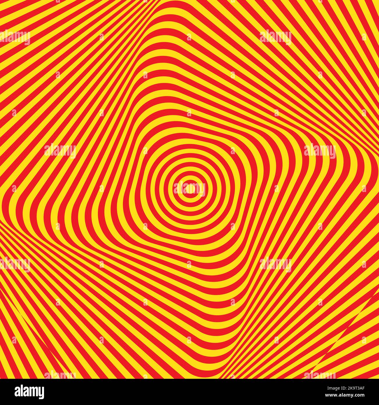 Abstrakt verdreht bunten Hintergrund. Optische Täuschung der verzerrten Oberfläche. Verdrehte rote und gelbe Streifen. Vektorgrafik. Stock Vektor