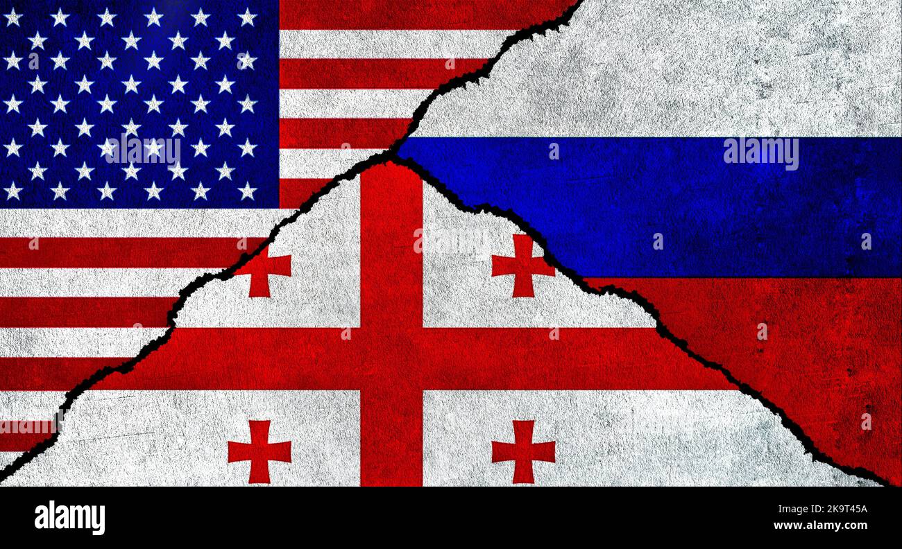 Die USA, Russland und Georgien sind zusammen auf einer strukturierten Wand gefeiert. "Beziehungen zwischen Russland, Georgien und den Vereinigten Staaten von Amerika" Stockfoto