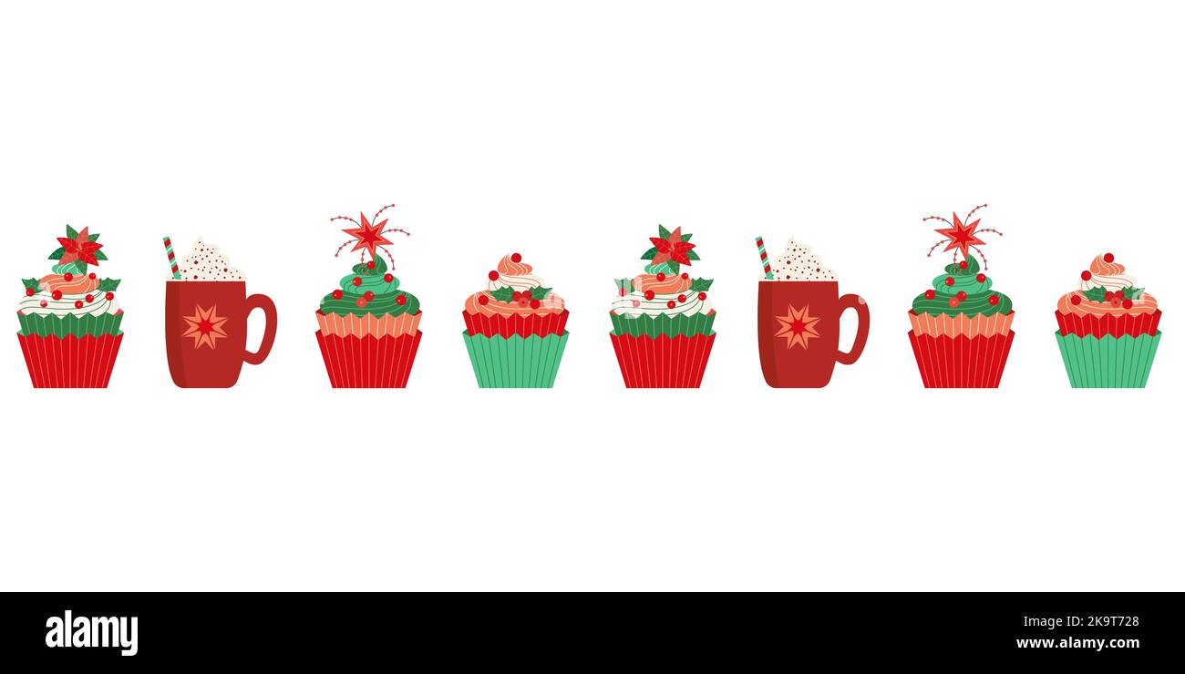 Xmas Cupcake und Kakao Becher nahtlose Muster Grenze Stock Vektor