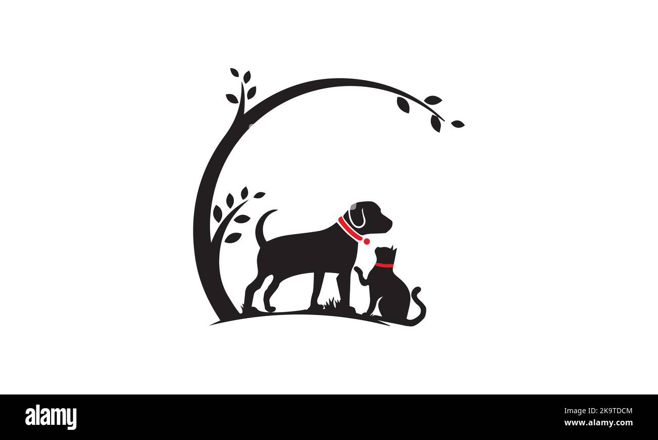 Design-Vorlage für Hund mit Katzen- und Baumlogo. Vektorgrafik. Stock Vektor