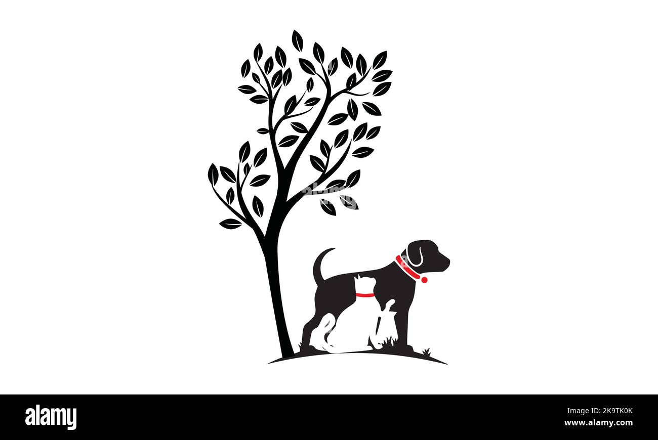 Design-Vorlage für Hund mit Katzen- und Baumlogo. Vektorgrafik. Stock Vektor