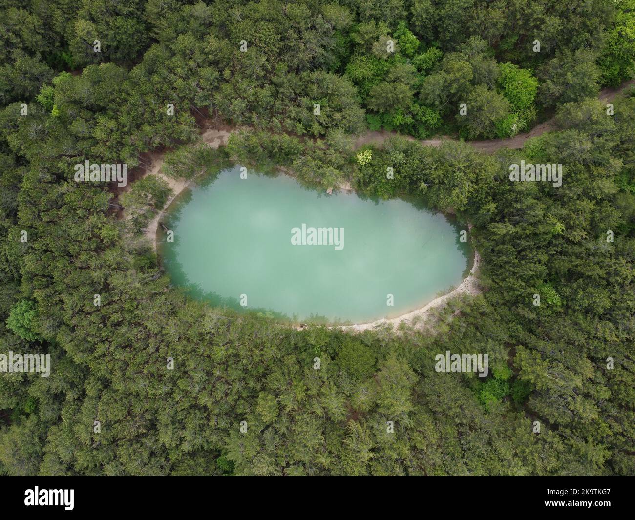 Luftsee im Wald. Rundflug von oben nach unten über einen kleinen ovalen See. Aufsteigen, klares türkisfarbenes Wasser des Teiches, umgeben von Bäumen und Stockfoto