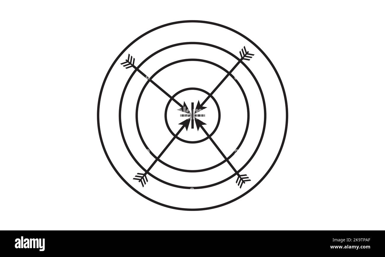 Satz von Symbolen für Ziel, Ziel und Ziel. Bearbeitbarer Linienvektor. Symbol für ein Gewehrvisier, Zweck mit einem roten Pfeil in der Mitte. Gruppenpiktogramm. Stock Vektor