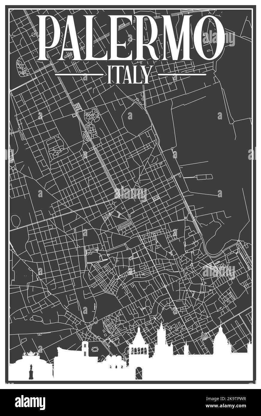Handgezeichnete Stadtstraßen Netzwerkausdruckkarte von PALERMO, ITALIEN Stock Vektor