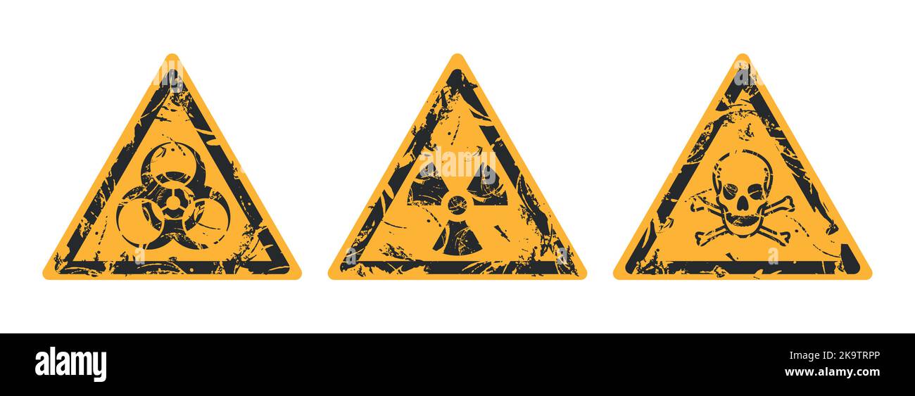 Warnschild und Piktogramme für toxische, radioaktive und biologische Materialien. Umgang mit gefährlichen Stoffen und Materialien. Sicherheit geht vor. Zoll Stock Vektor