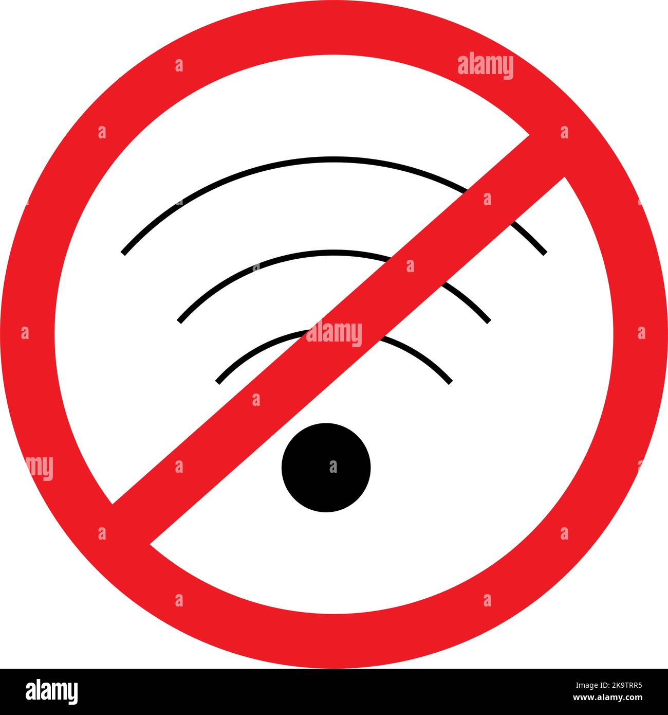 Silhouettenbild des Wi-Fi-Symbols unter dem Verbotsschild. Aufkleber. Symbol. Isolieren. Symbol oder Zeiger für Dienstleistungen und Unternehmen, Cafés, Bars und Restaurants und andere. Geeignet für Poster, Etikett. Vektor. EPS Stock Vektor