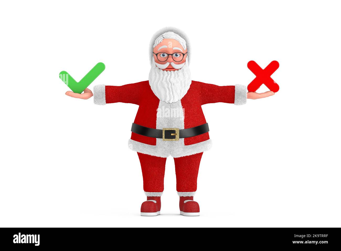 Cartoon fröhliche Santa Claus Grana mit rotem Kreuz und grünem Häkchen, Bestätigen oder verweigern, Ja oder Nein Symbol Zeichen auf weißem Hintergrund. 3D Rendering Stockfoto