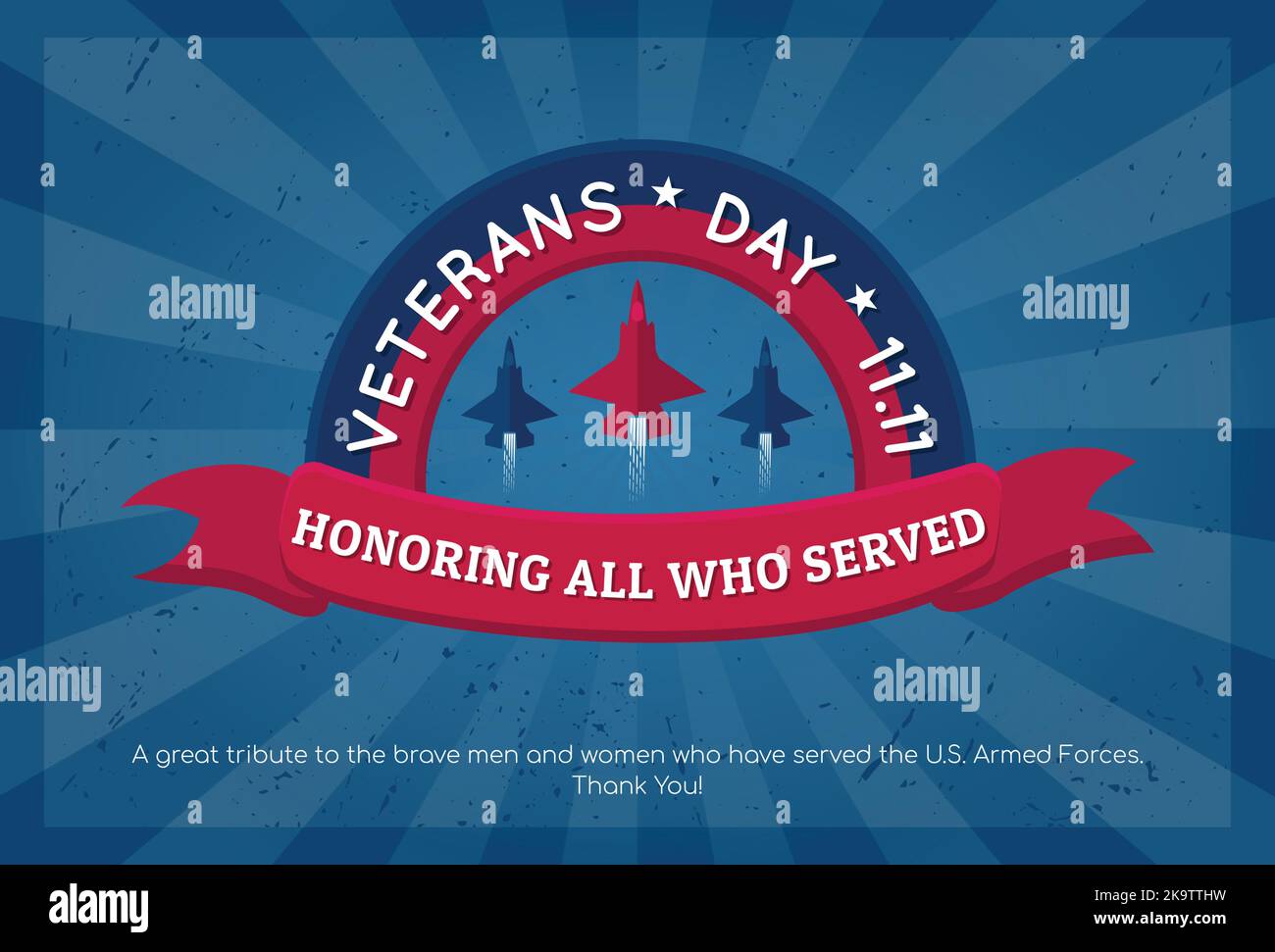 Veterans Day Typography Poster Vektorgrafik. November 11 USA Abstraktes Retro Sunburst Texturdesign. Alle ehren, die gedient haben. Danke Stock Vektor