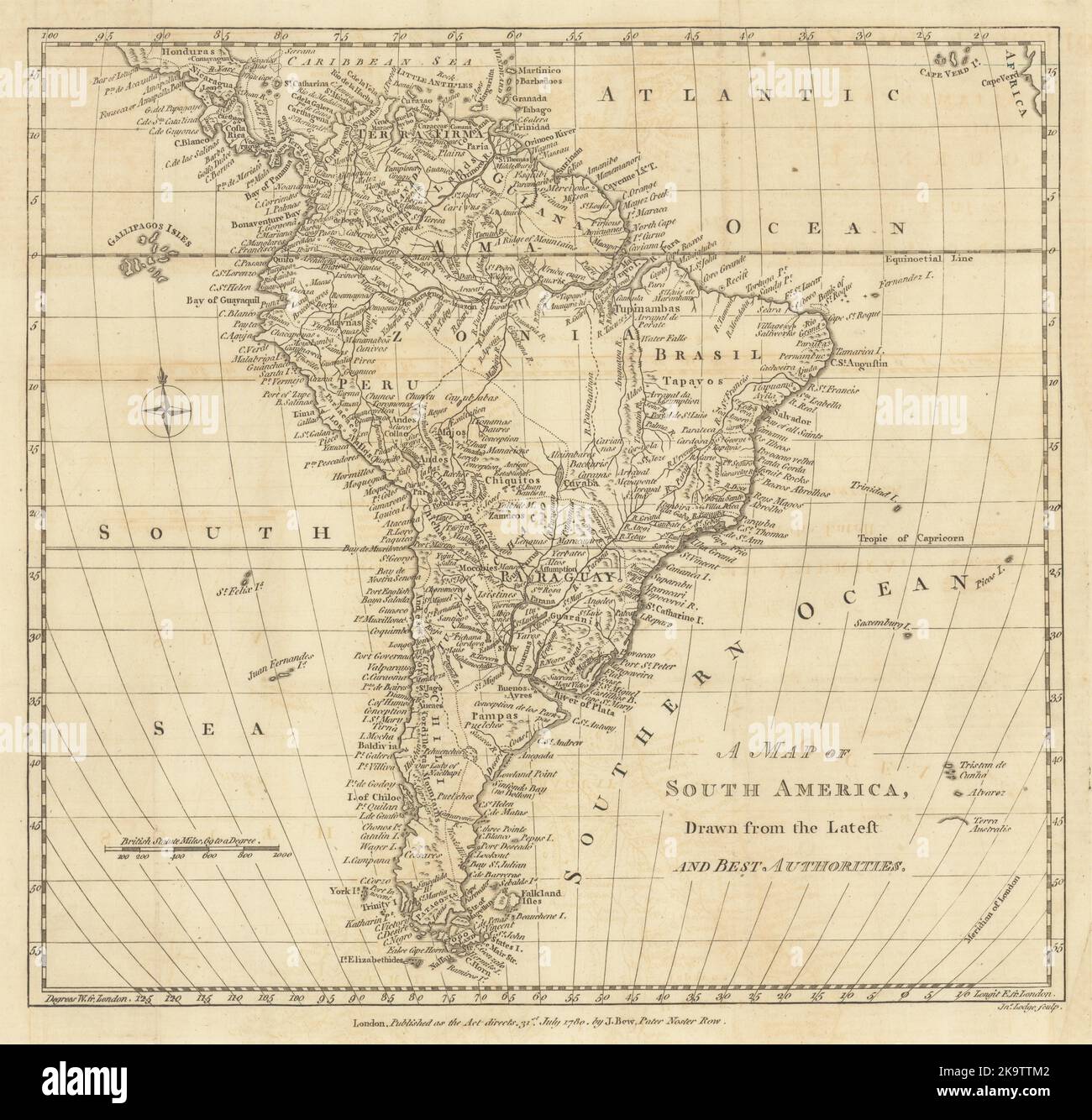 Eine Karte von Südamerika, gezeichnet von den neuesten und besten Behörden. LODGE 1780 Stockfoto