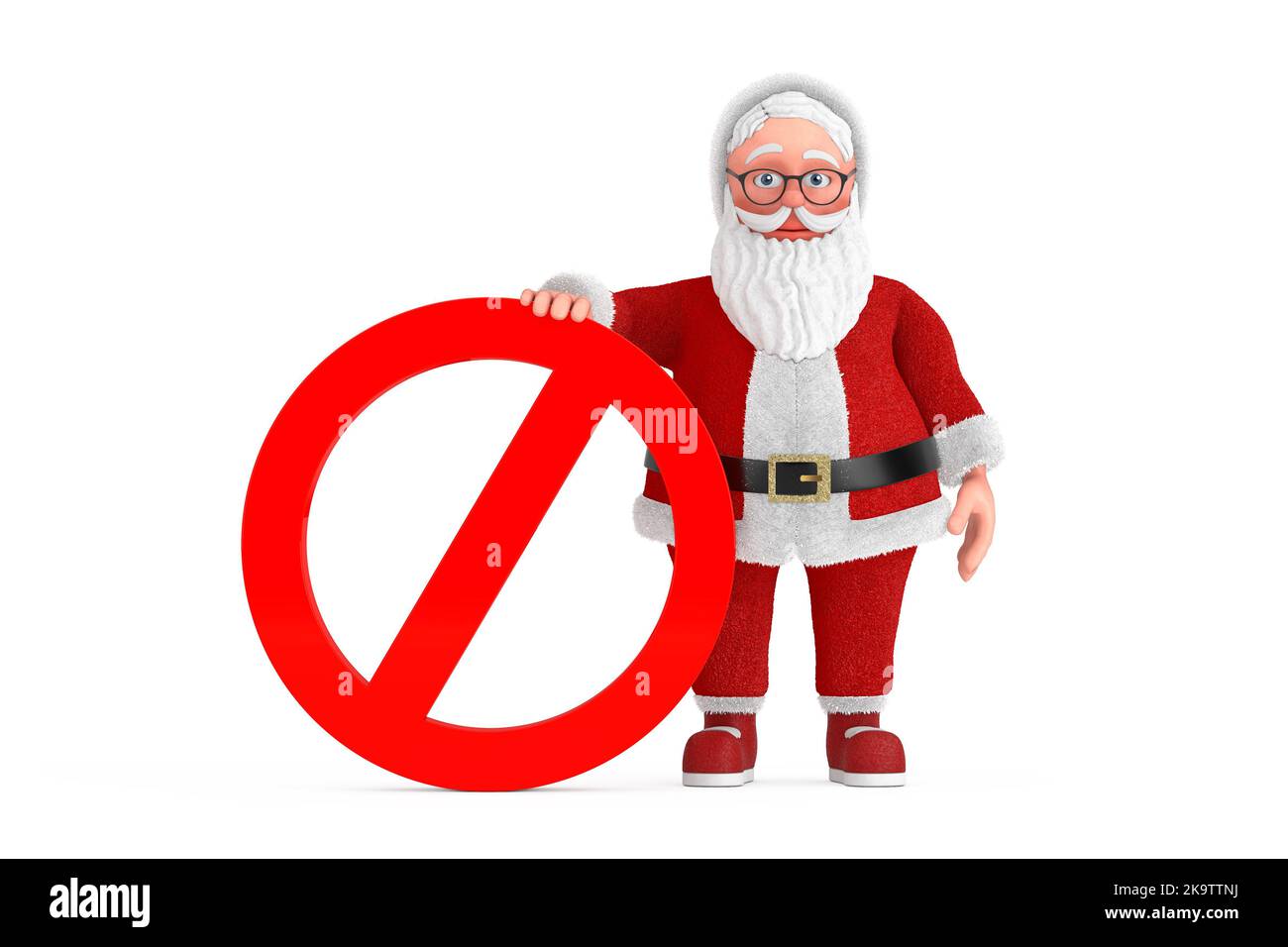 Cartoon fröhliche Santa Claus Grana mit rotem Verbot oder Verbotene Zeichen auf weißem Hintergrund. 3D Rendering Stockfoto