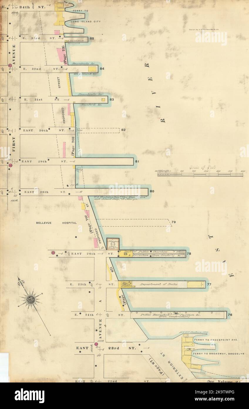 Sanborn NYC East River Piers 22.-34. St. Queens Brooklyn Ferries 1899 Karte Stockfoto