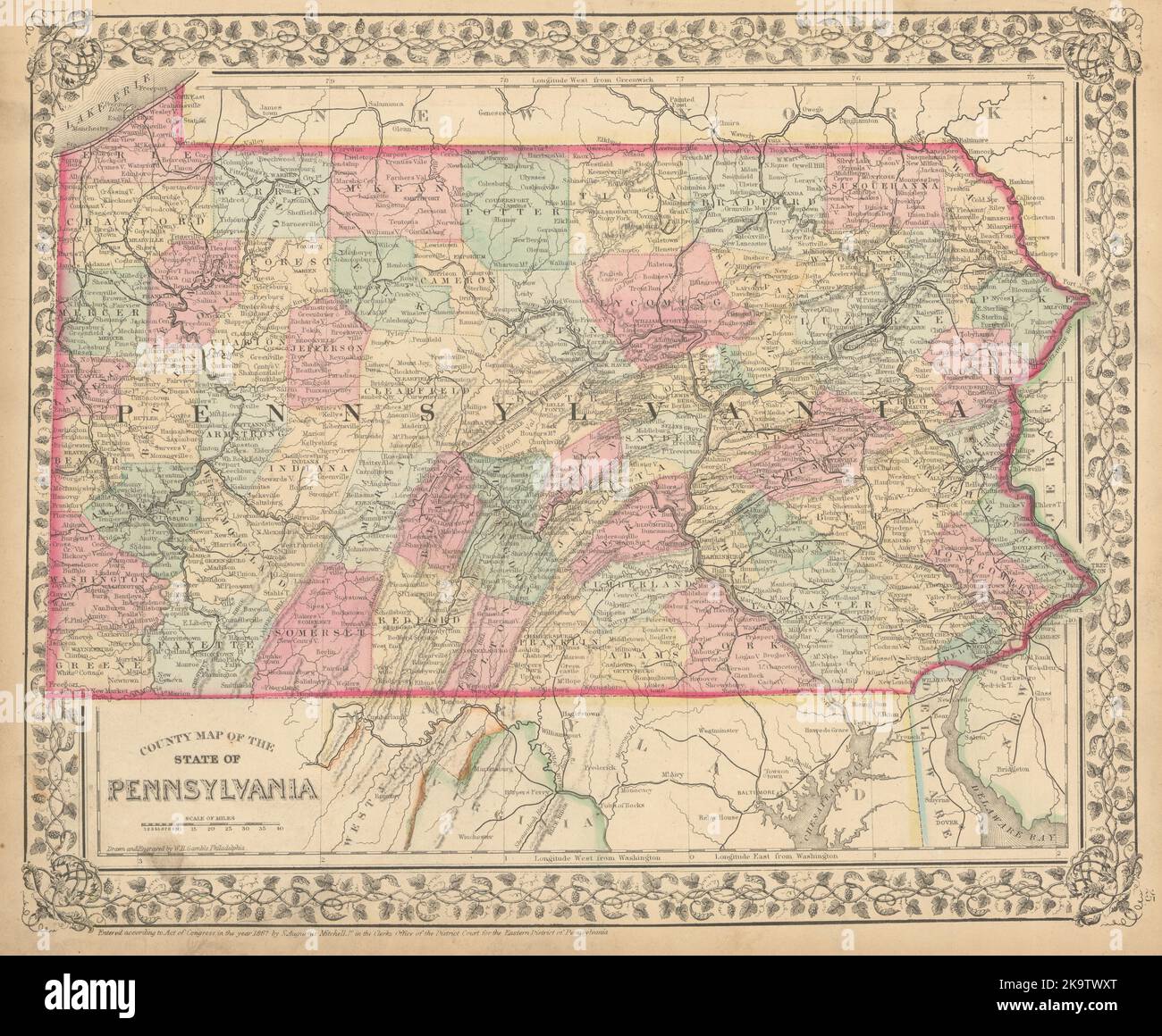 County map of the State of Pennsylvania von Samuel Augustus Mitchell 1869 Stockfoto