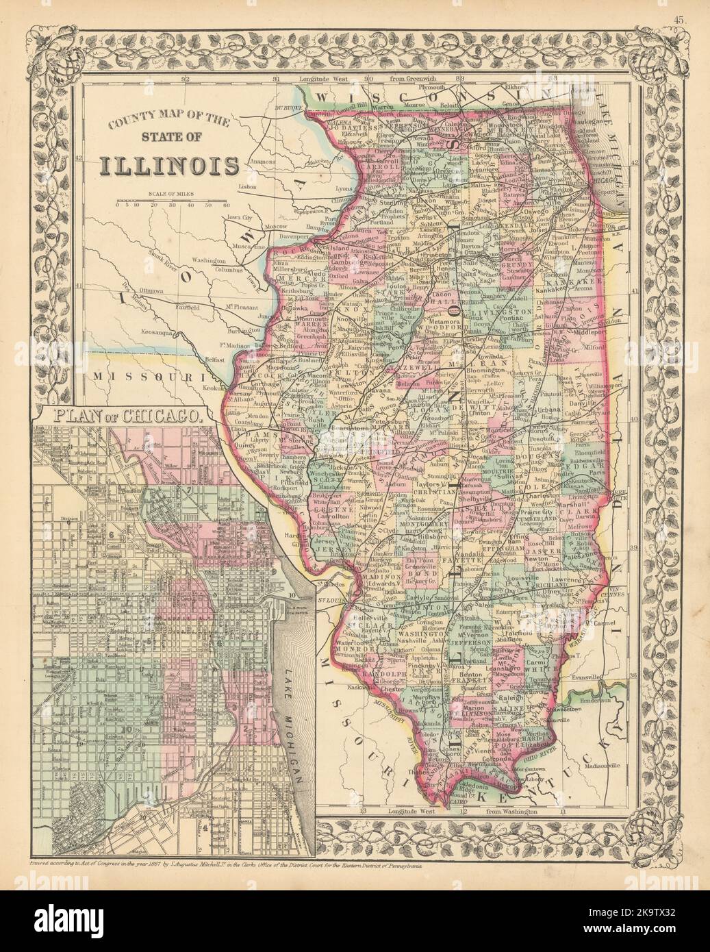 County-Karte des Staates Illinois mit Stadtplan von Chicago. MITCHELL 1869 Stockfoto