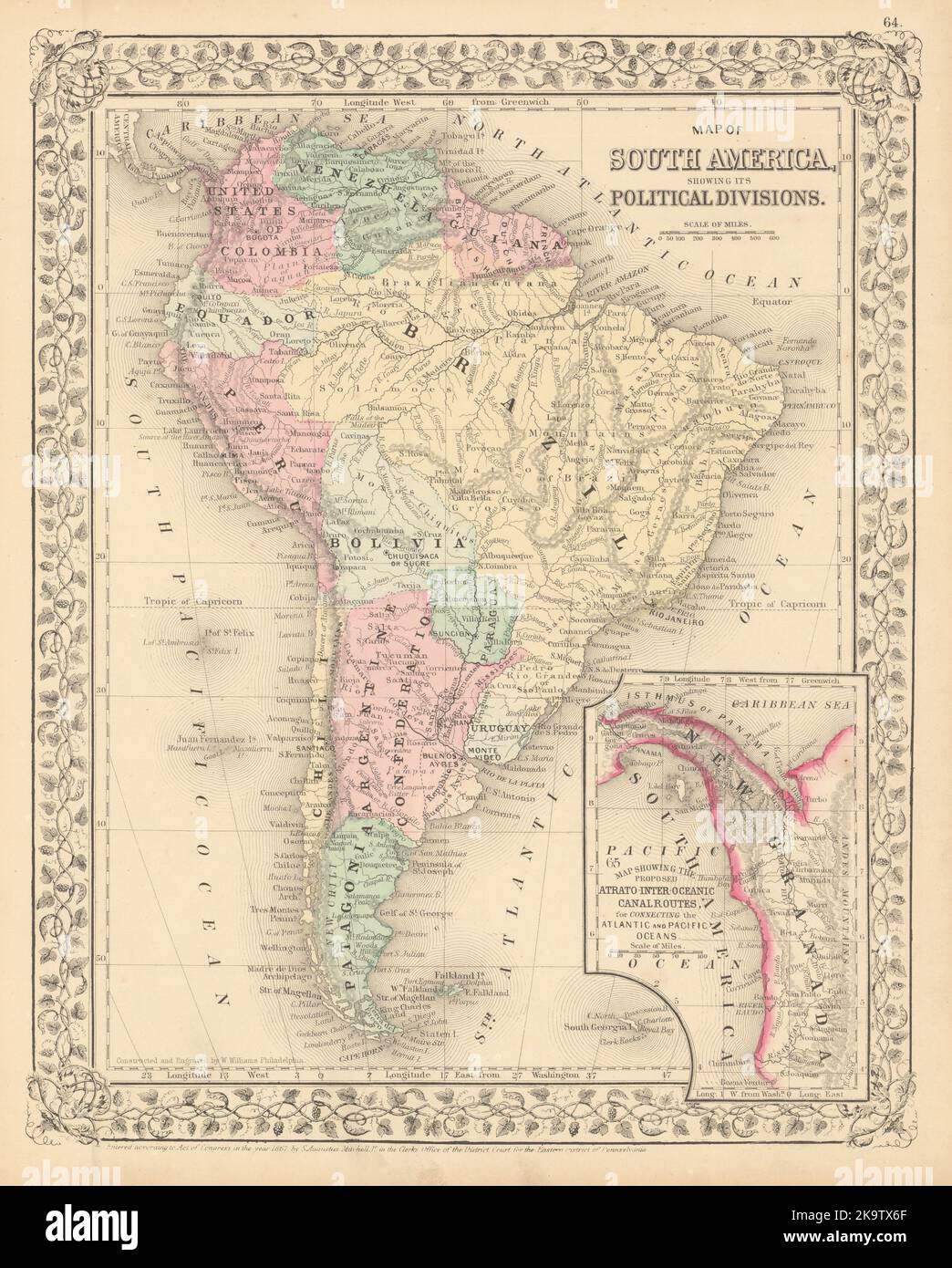 Südamerika. Vorgeschlagene Atrato-Inter-Oceanic Canal Routes. MITCHELL 1869-Karte Stockfoto