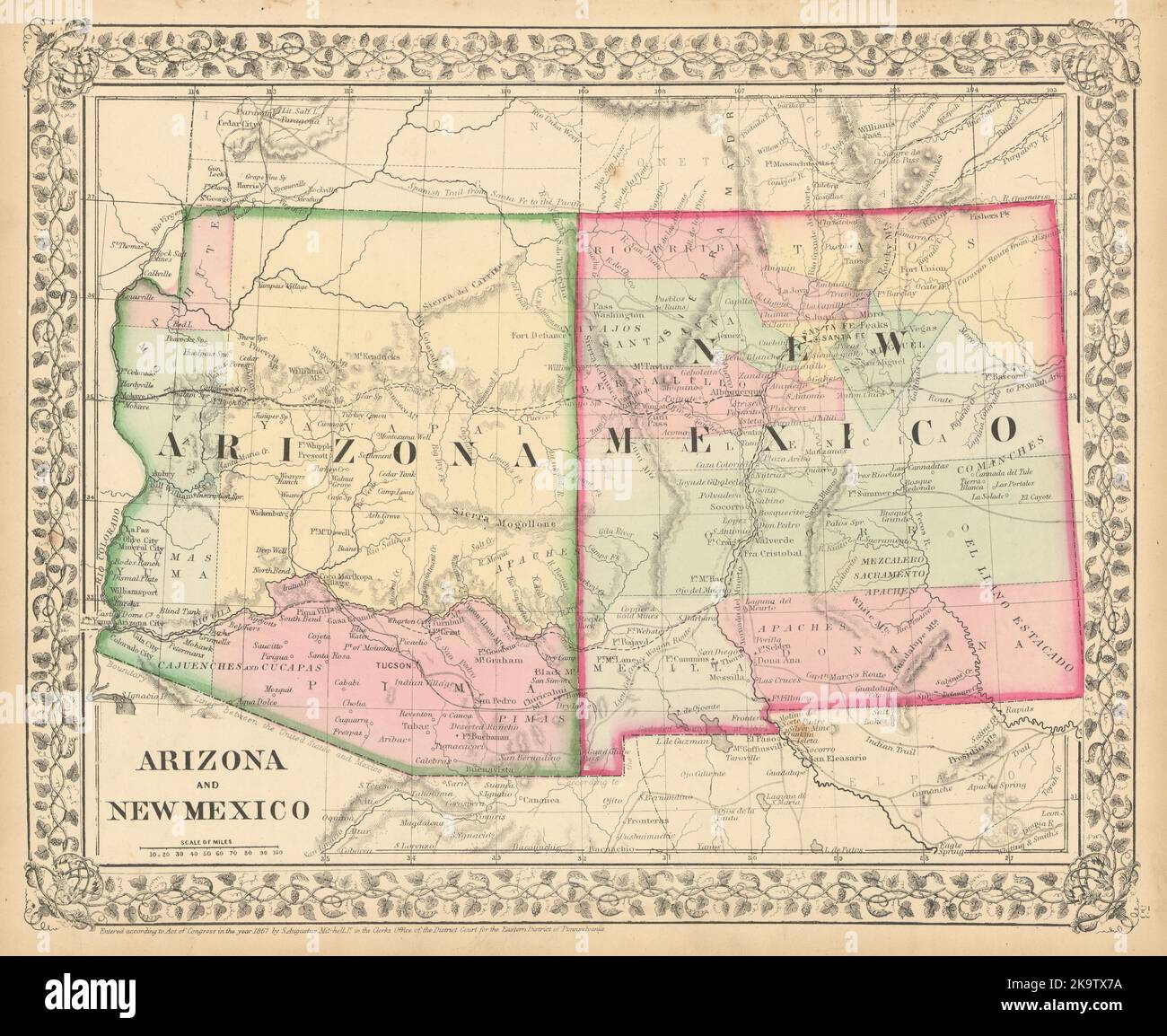 Arizona und New Mexico von Samuel Augustus Mitchell. Zustandskarte. Grafschaften 1869 Stockfoto