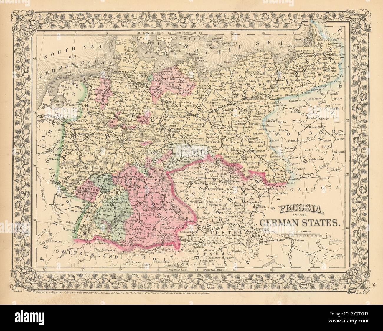 Preußen und die deutschen Staaten von Samuel Augustus Mitchell. Polen 1869 alte Karte Stockfoto