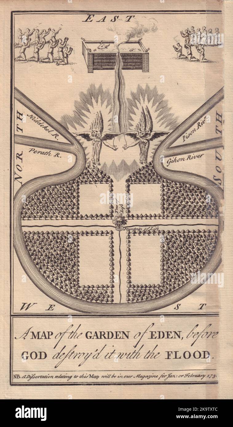 Der Garten Eden vor Gott zerstörte ihn mit der Sintflut. GENTS mag 1737-Karte Stockfoto