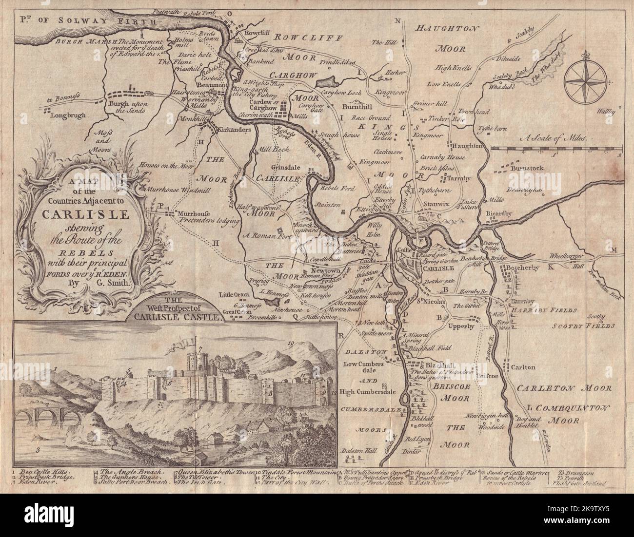 Länder neben Carlisle, die die Route der Rebellen anzeigen. SMITH 1746-Karte Stockfoto