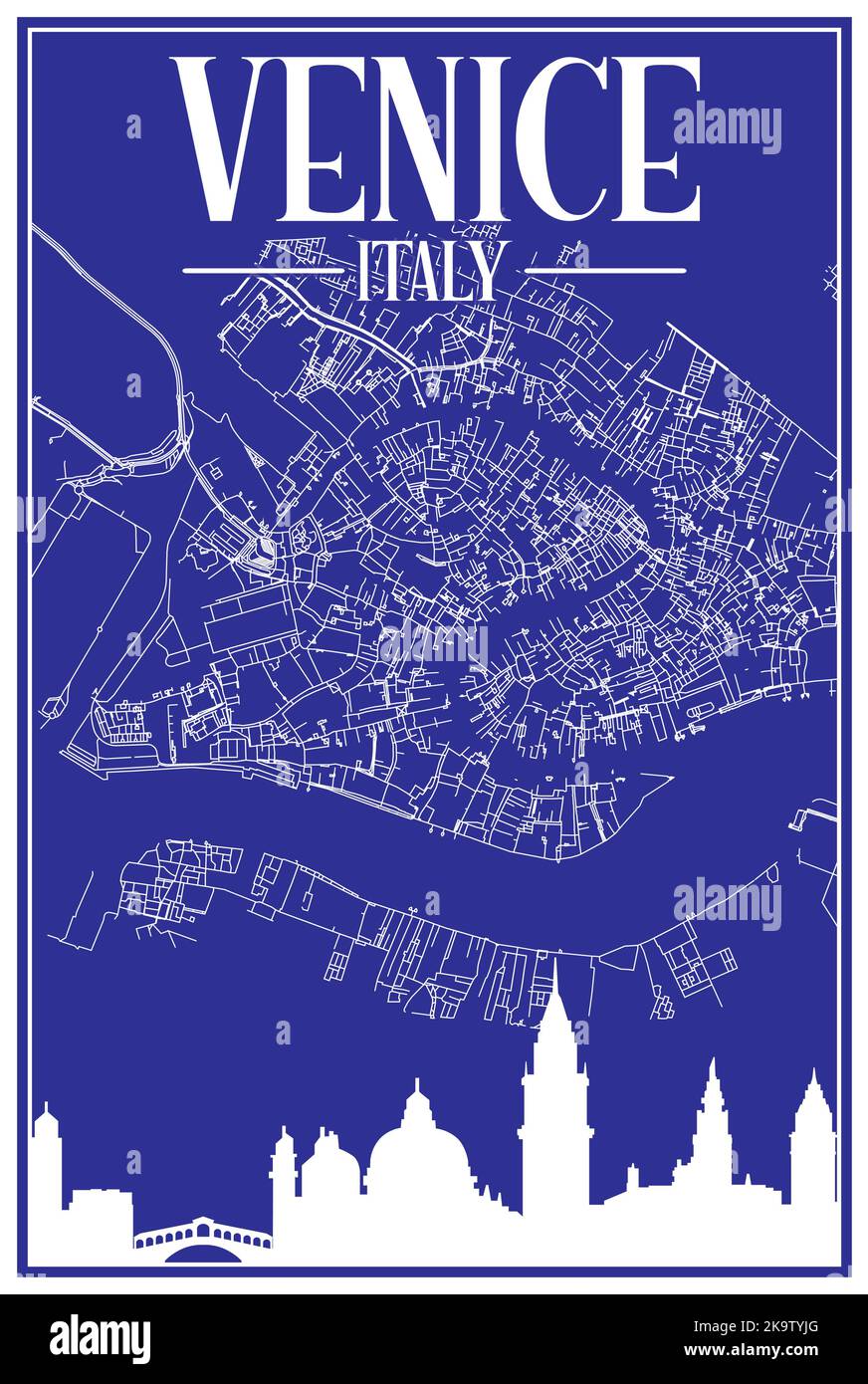 Handgezeichnete Stadtstraßen Netzwerkausdruckkarte von VENEDIG, ITALIEN Stock Vektor