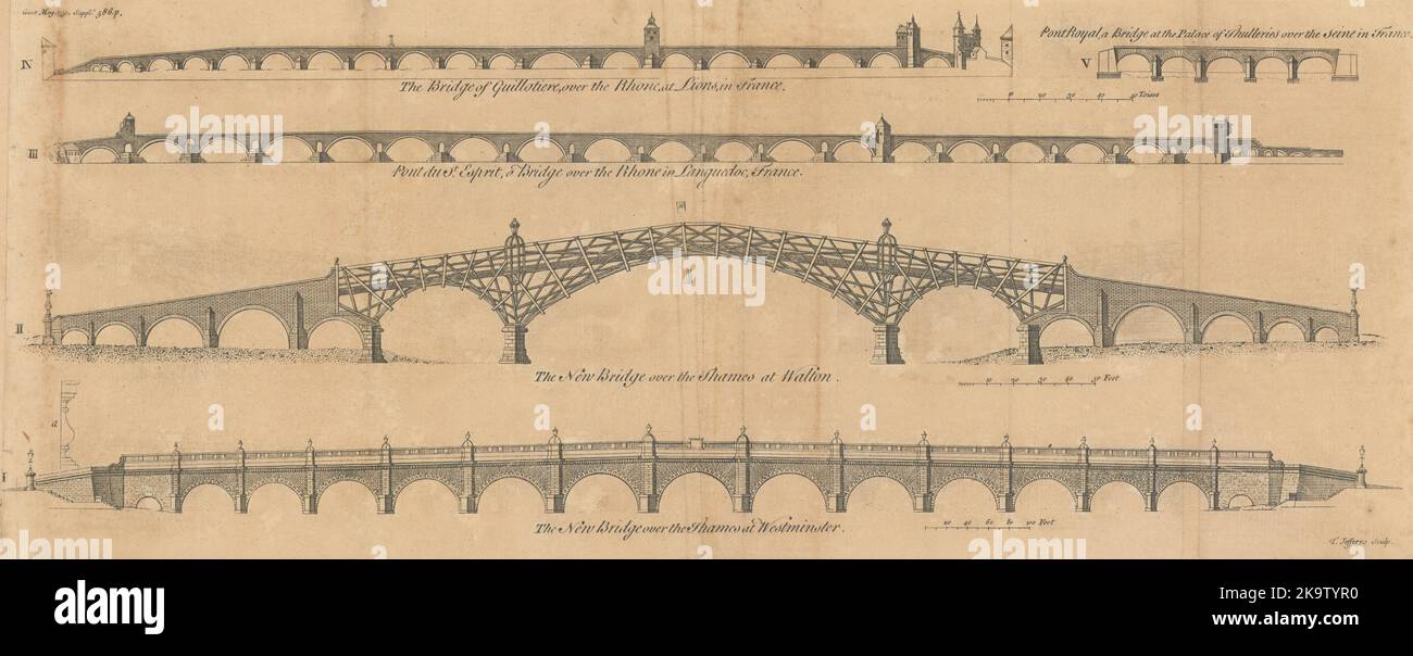 Pont-St-Esprit. Guillotière Lyons. Royal Paris. Walton & Westminster Bridge 1750 Stockfoto