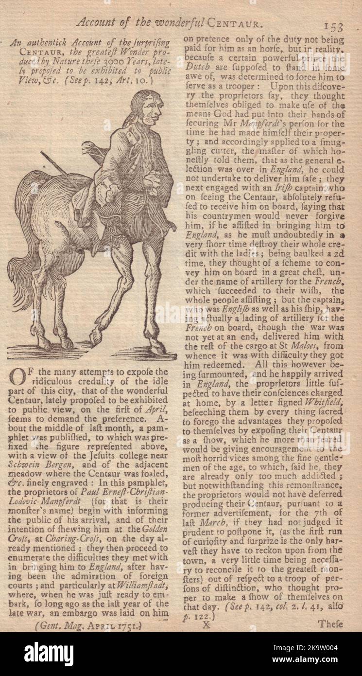 Centaur „schlug vor, für die Öffentlichkeit ausgestellt zu werden“. Halb Mann halb Pferd 1751 Stockfoto