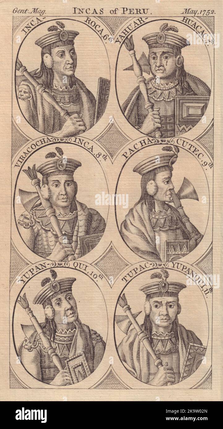 Sapac Inka. Roca Yuhar-Huacac Viracocha Pacha-Cutec Yupan Tupac-Yupanqui 1752 Stockfoto