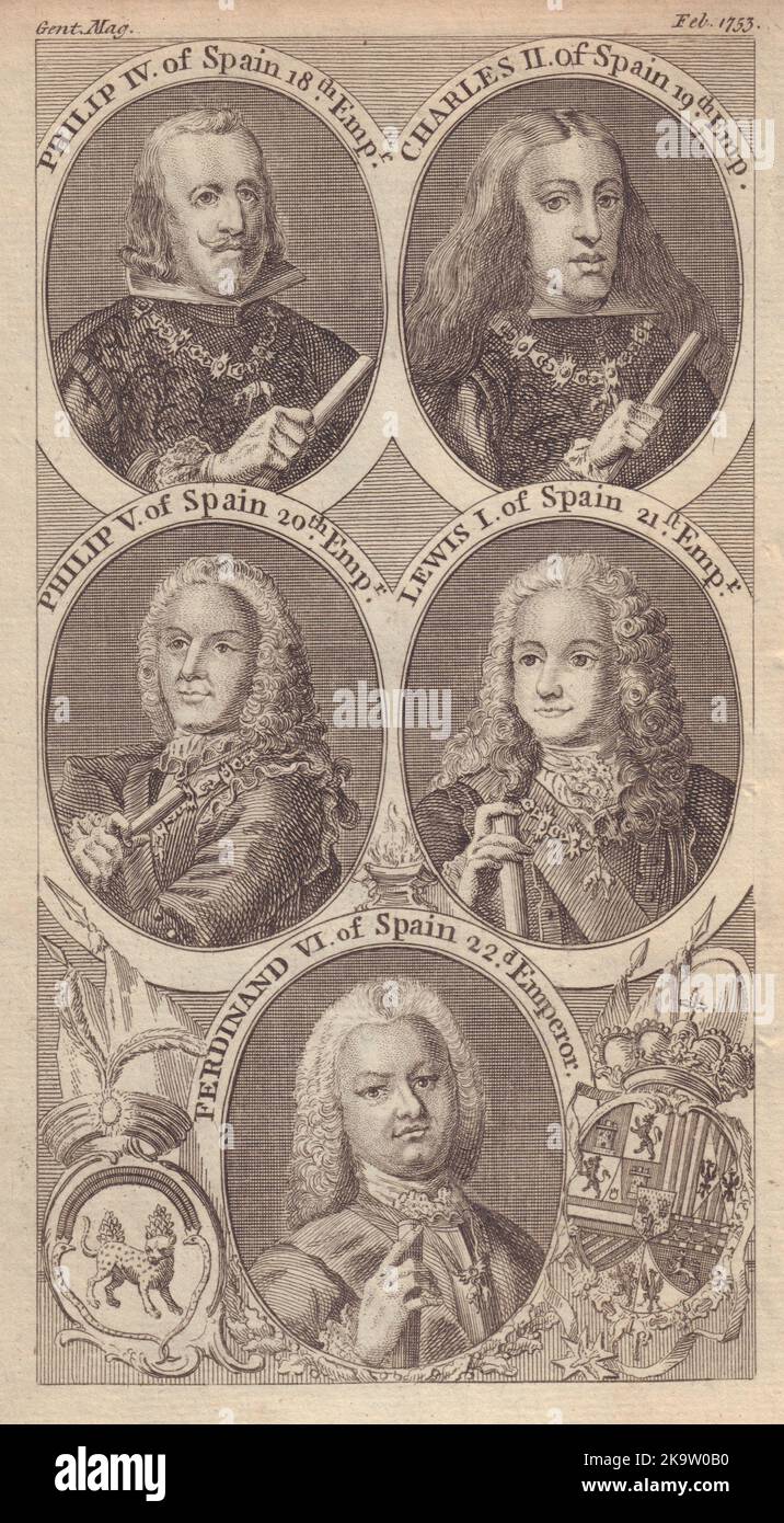 Spanien Könige Kaiser. Philippe IV V Charles II Lewis I Ferdinand VI 1753 Druck Stockfoto