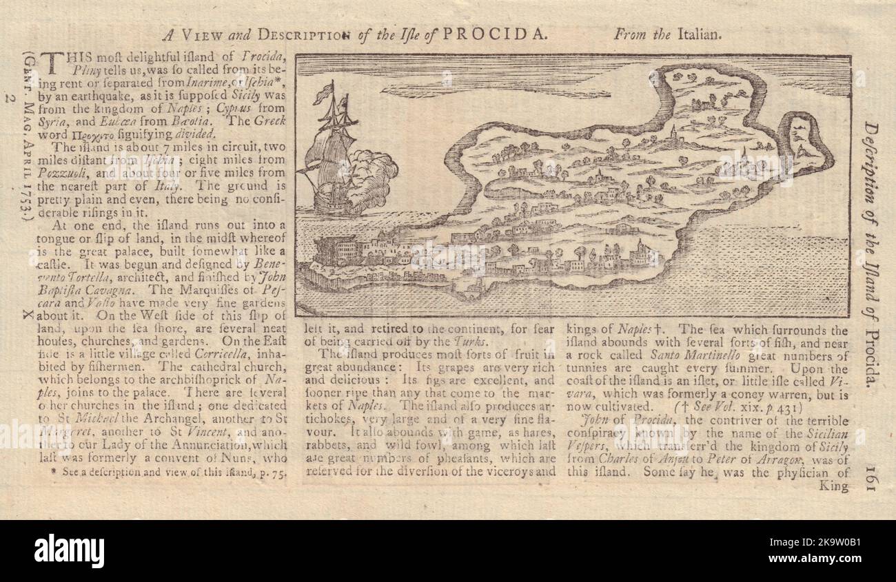 Eine Ansicht und Beschreibung der Insel Procida, in der Nähe von Neapel. Italien 1753 Druck Stockfoto