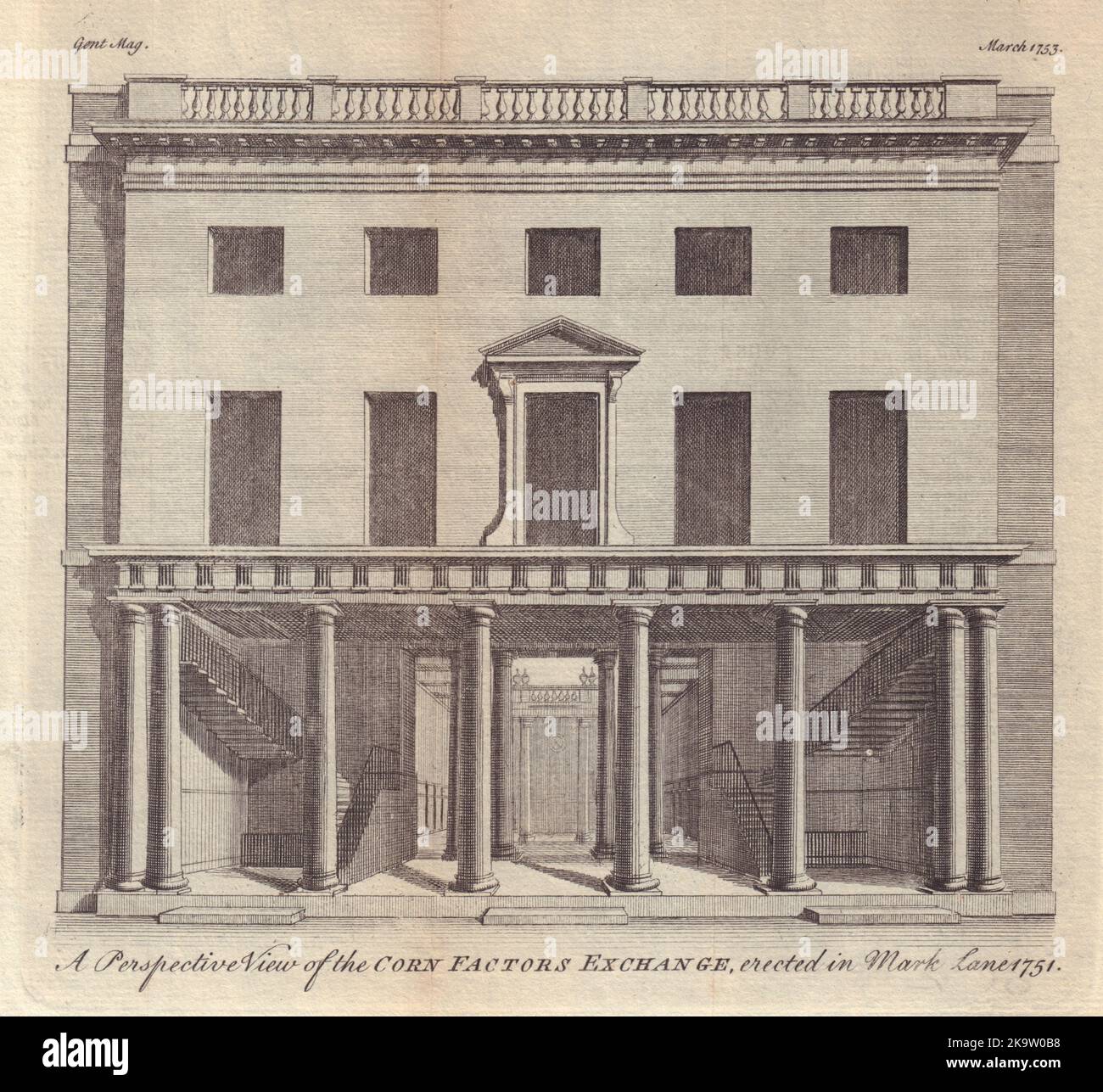 The Corn Factors Exchange, errichtet in Mark Lane 1751. London 1753 alter Druck Stockfoto