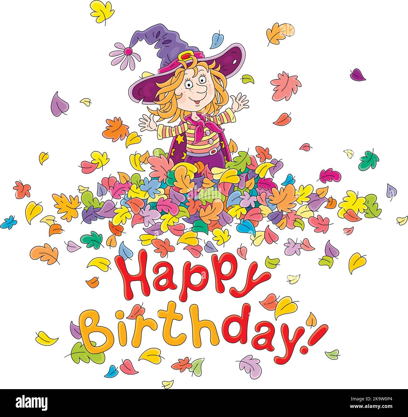 Happy Birthday Karte mit einer lustigen kleinen Hexe, die mit fliegenden und wirbelnden bunten Blättern spielt Stock Vektor