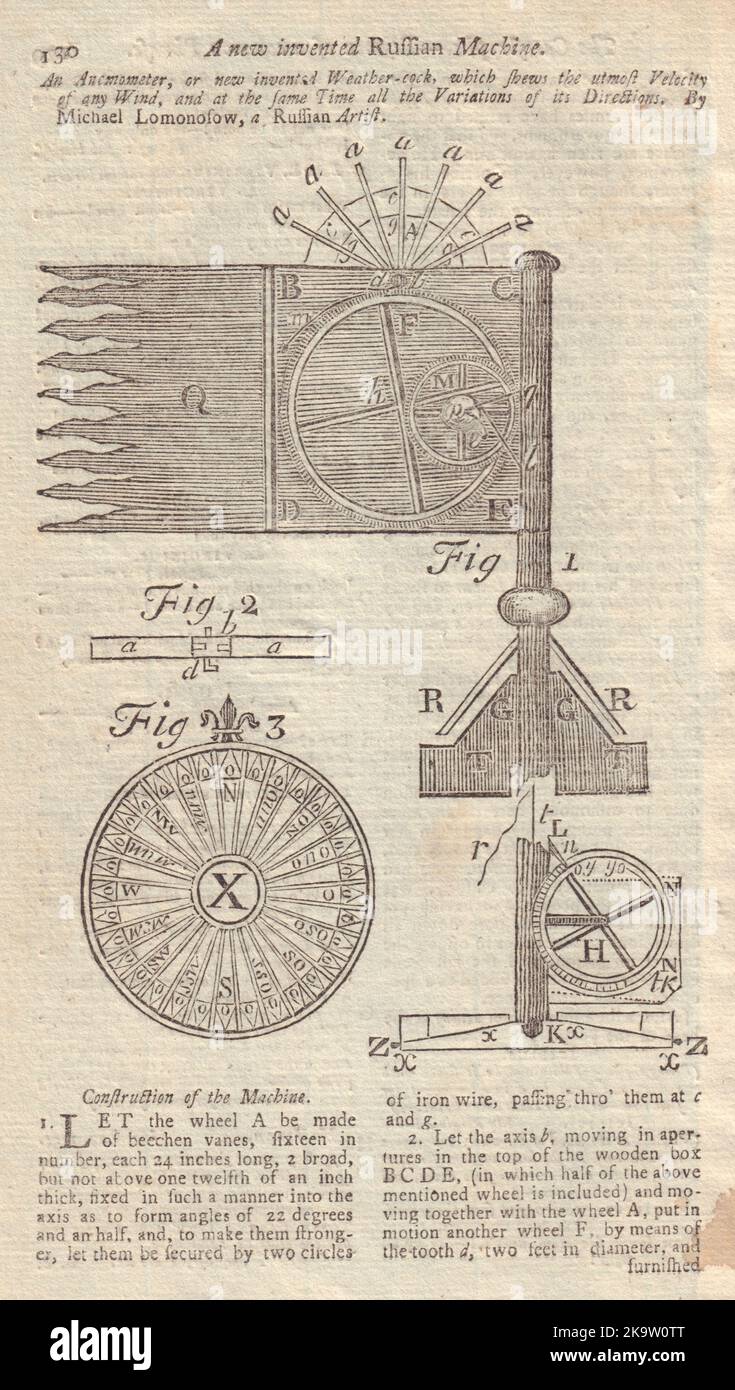 Eine neu erfundene russische Maschine. Ein Anemometer oder Wetterhahn von Locomonosow 1754 Stockfoto