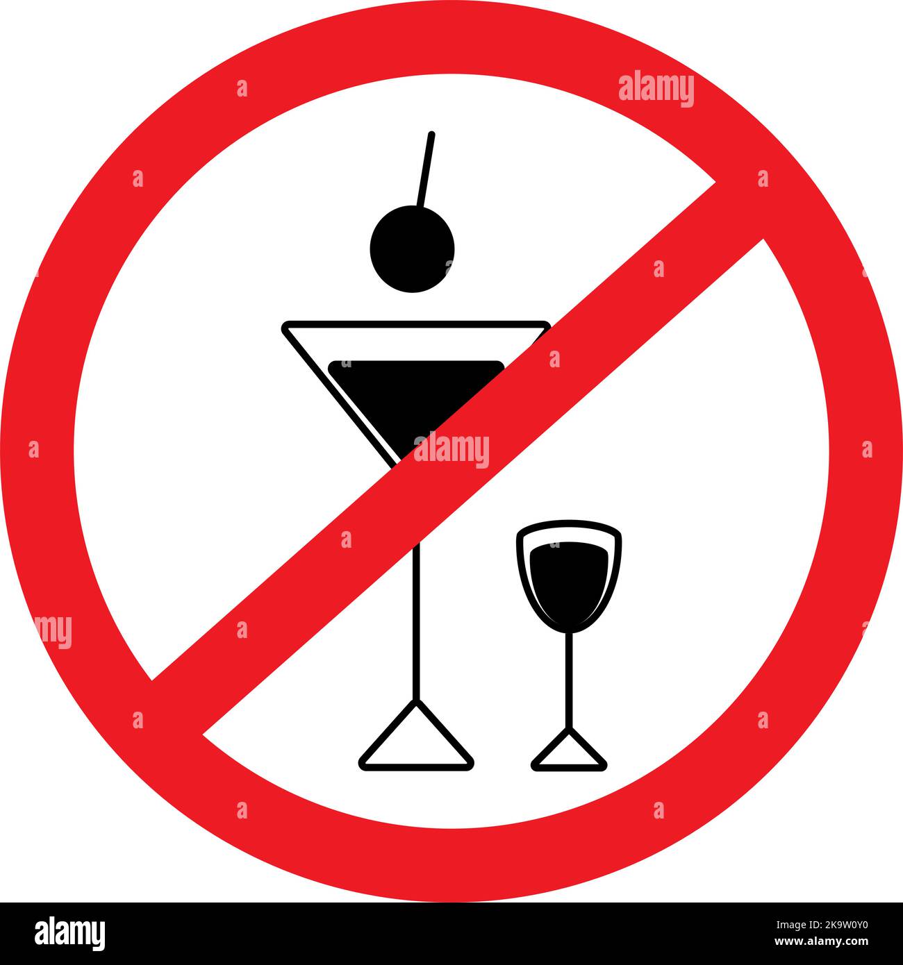 Verbotsschild auf Schwarz-Weiß-Bild von Gläsern für alkoholische Getränke. Aufkleber. Symbol. Isolieren. Wegweiser für Dienstleistungen und Unternehmen, Café, Bar und Restaurant. Gut für Poster, Label. Vektor. EPS Stock Vektor