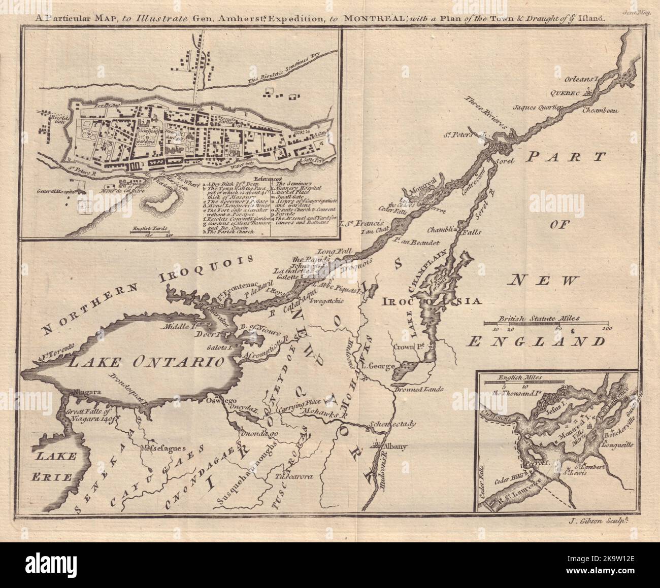 Karte zur Illustration der Expedition von General Amherst nach Montreal. GIBSON 1760 alt Stockfoto