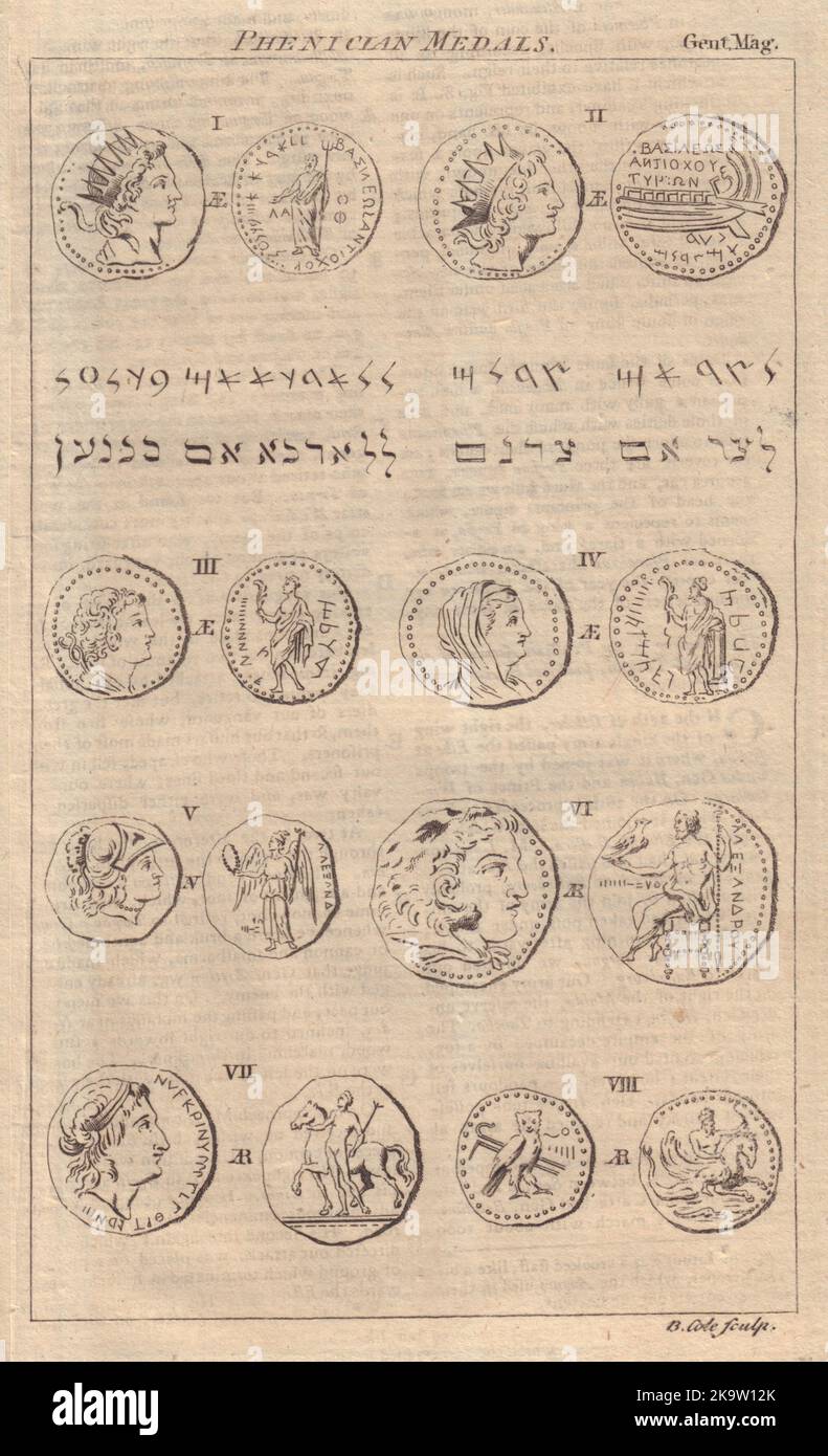 Acht Phönizische Medaillen/Münzen. Finanzen. GENTS mag 1760 mit altem Antikdruck Stockfoto