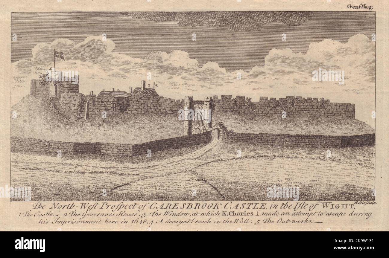 North-West Prospect von Caresbrook Castle auf der Isle of Wight. Carisbrooke 1760 Stockfoto