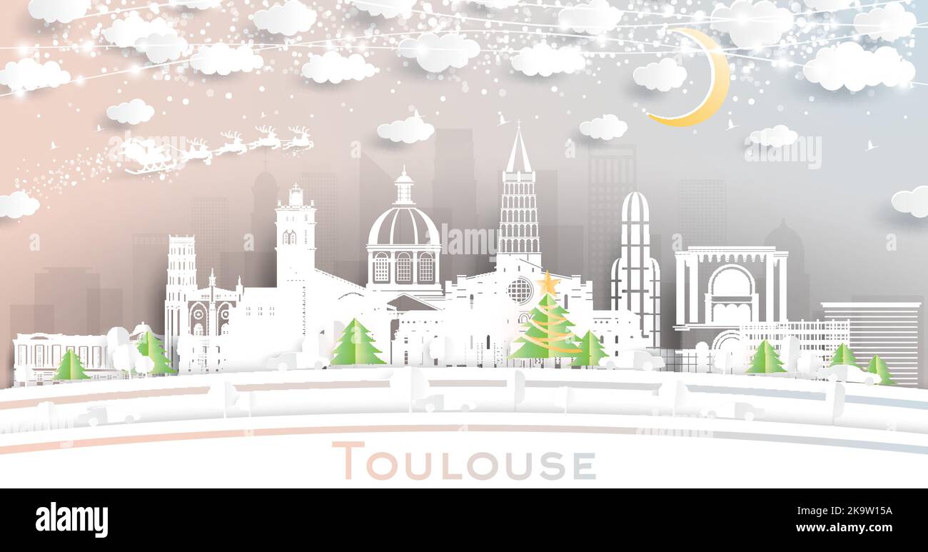 Toulouse France City Skyline in Paper Cut Style mit Schneeflocken, Mond und Neon Garland. Vektorgrafik. Weihnachts- und Neujahrskonzept. Stock Vektor