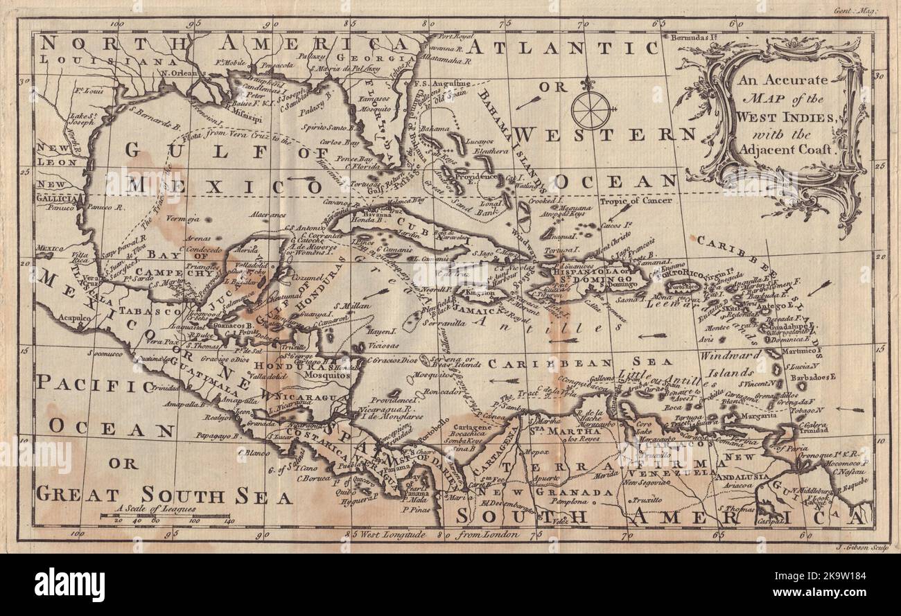 Eine genaue Karte der Westindischen Inseln mit der angrenzenden Küste. GIBSON 1762 Stockfoto