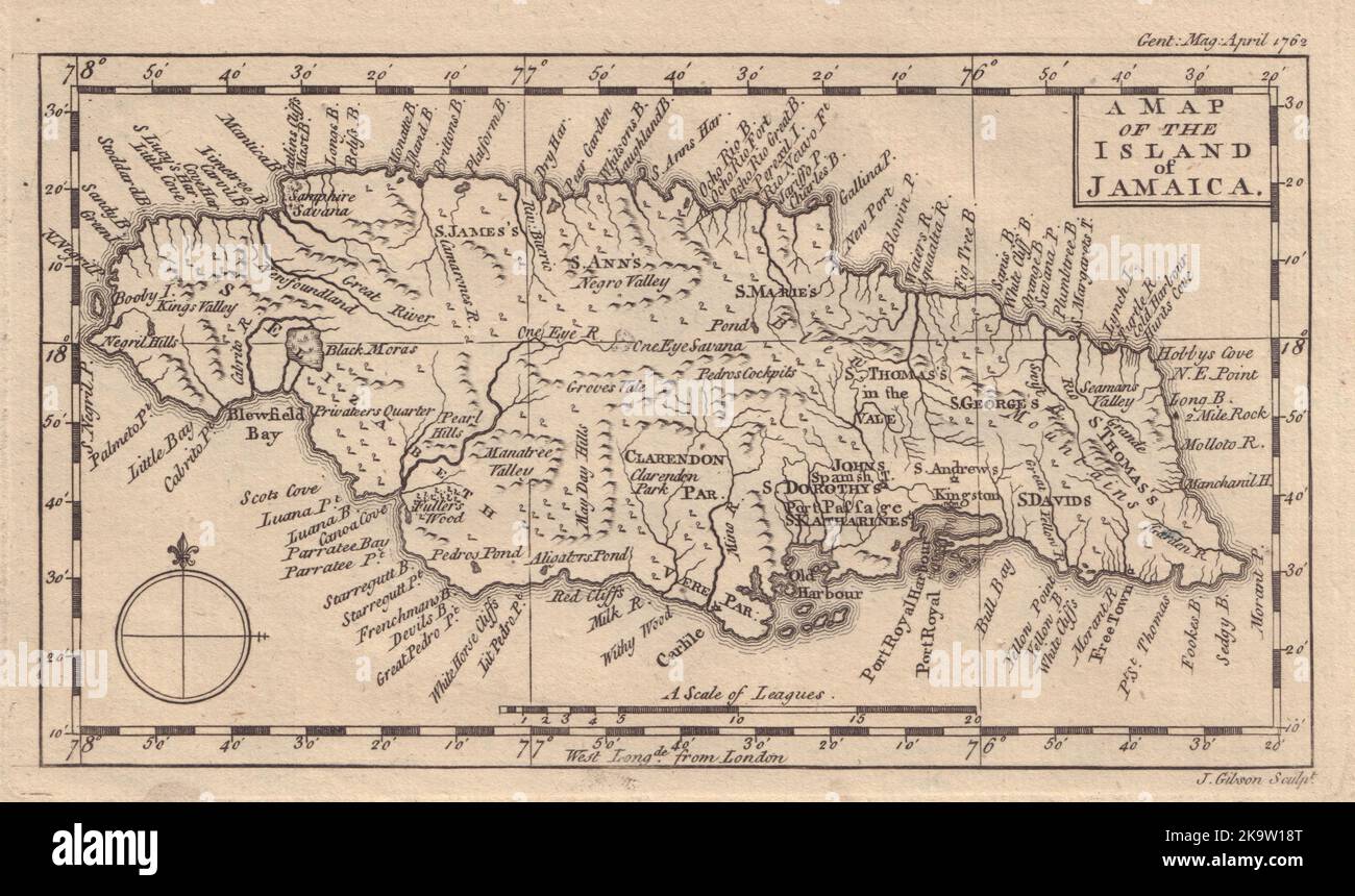 Eine Karte der Insel Jamaika von John Gibson. Gentleman's Magazine 1762 Stockfoto