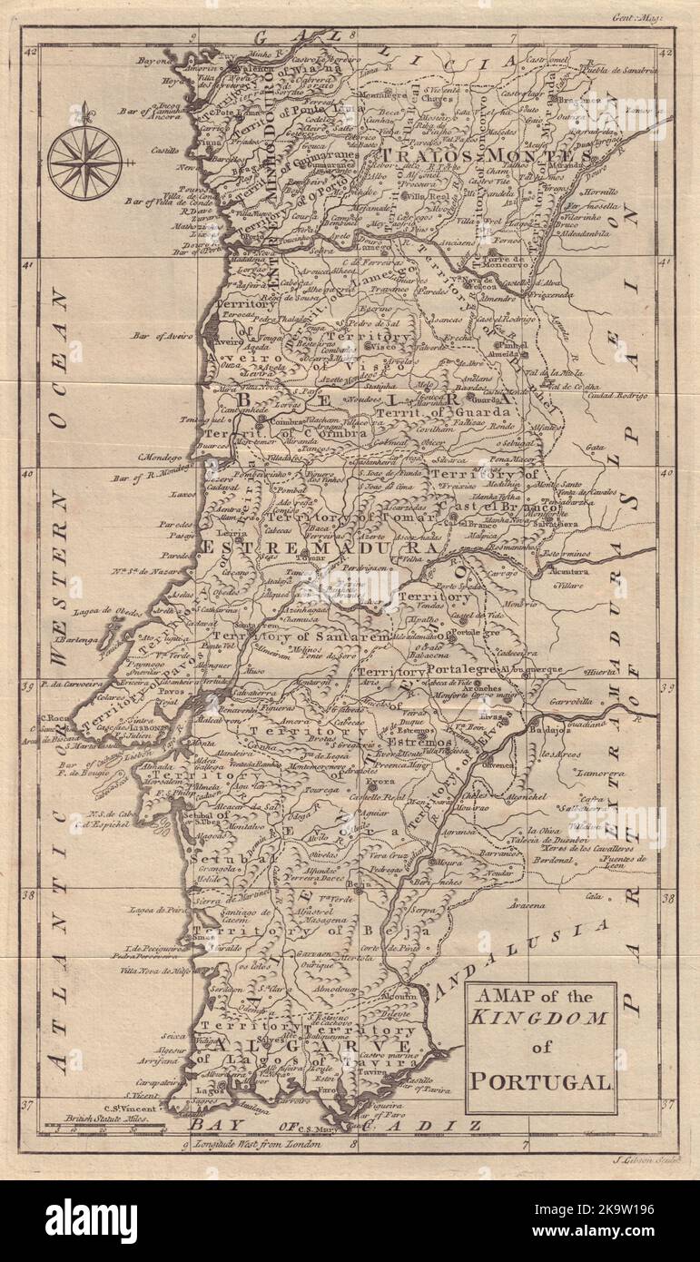 Eine Karte des Königreichs Portugal von John Gibson. Gentleman's Magazine 1762 Stockfoto