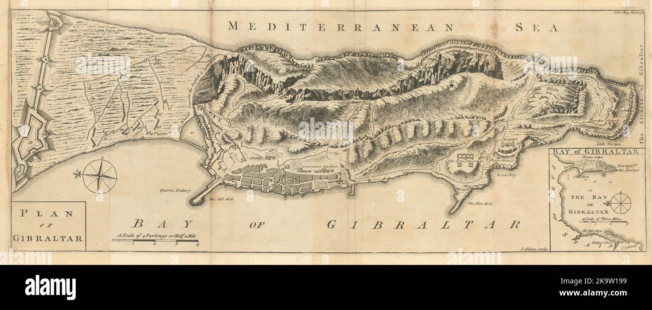 Plan von Gibraltar von John Gibson. Gentleman's Magazine 1762 alte antike Landkarte Stockfoto