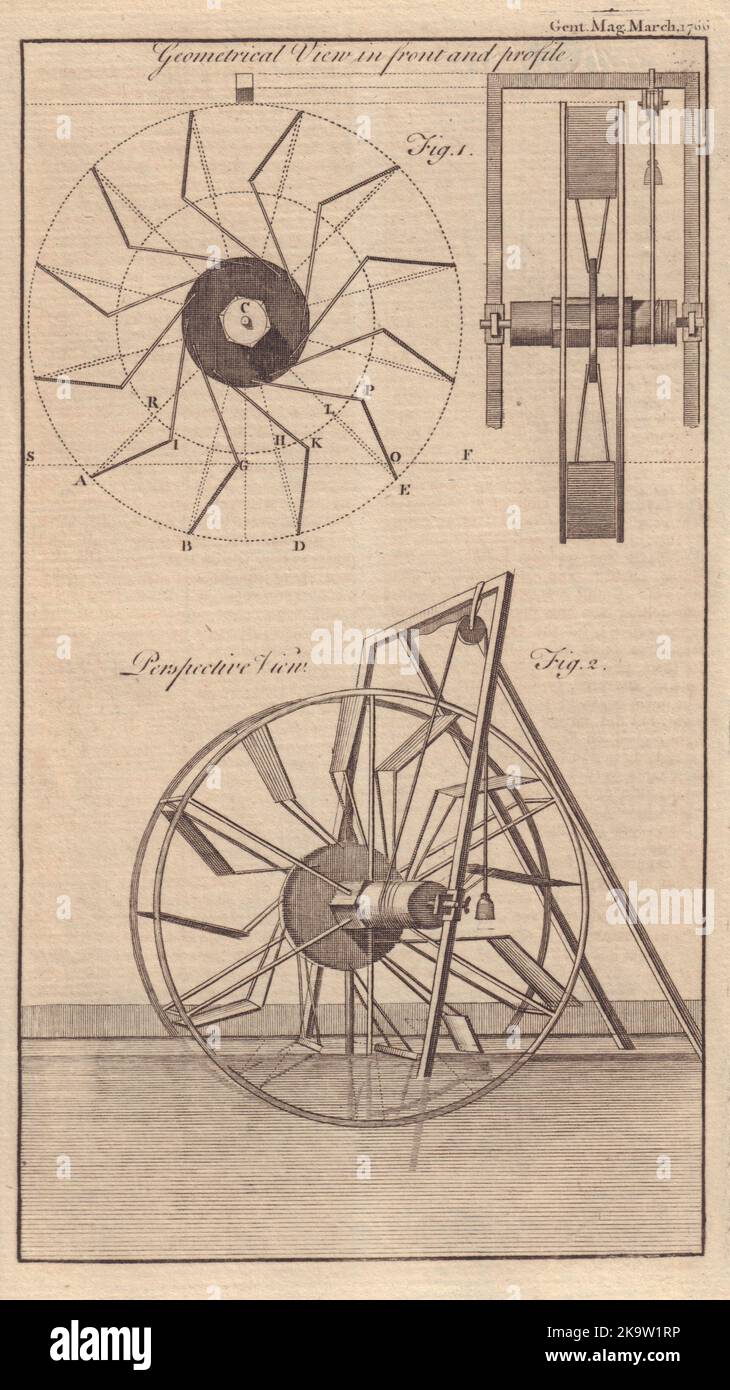A Water Wheel, von Deparcieux. Geometrische Und Perspektivische Ansichten. Wissenschaft 1766 Stockfoto