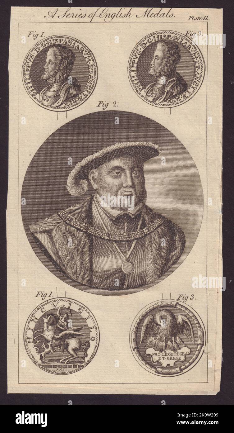 König Heinrich VIII Medaillen von Philip & Mary. Ein Pelikan. GENTS mag 1778 Old Print Stockfoto